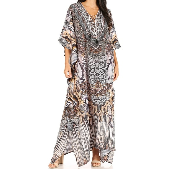 Sakkas Yeni Women's Short Sleeve V-neck Summer Floral Long Caftan Dress Cover-up - 419 - One Size