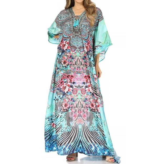 Sakkas Yeni Women's Short Sleeve V-neck Summer Floral Long Caftan Dress Cover-up - 473 - One Size