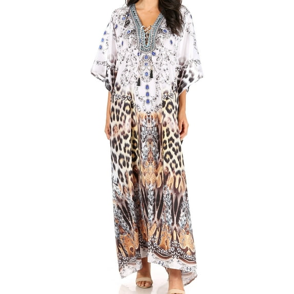 Sakkas Yeni Women's Short Sleeve V-neck Summer Floral Long Caftan Dress Cover-up - CTM385-Multi - One Size