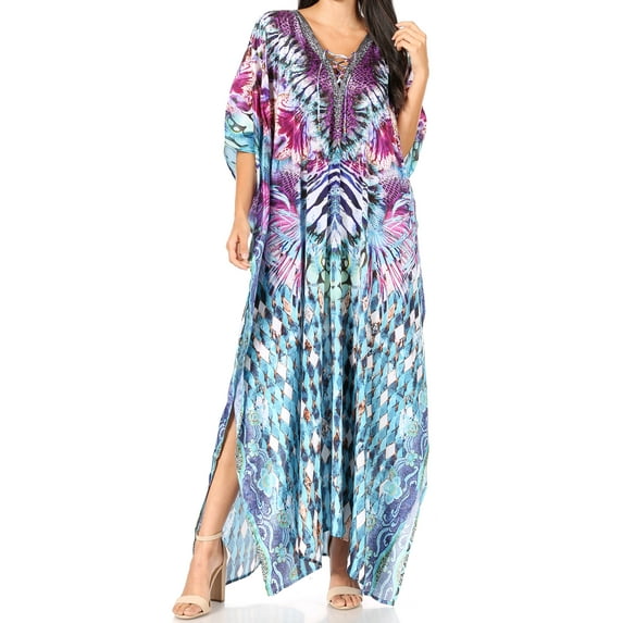 Sakkas Yeni Women's Short Sleeve V-neck Summer Floral Long Caftan Dress Cover-up - MM387-Multi - One Size