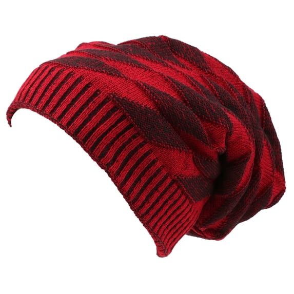 Sakkas Zaye Long Tall Slouchy Diamond Patterned Knit Faux Fur Lined Beanie Hat - Red / Black - OS