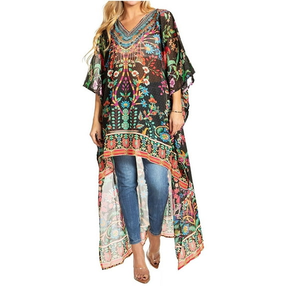 Sakkas Zeke Hi Low V-Neck Caftan Dress Printed Top Cover / Up - 606 - One Size Regular