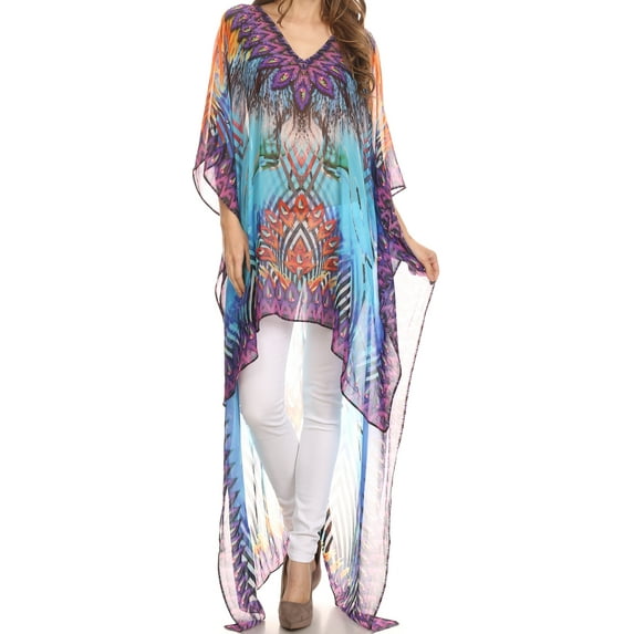 Sakkas Zeke Hi Low V-Neck Caftan Dress Printed Top Cover / Up - Turq Purple / Multi - One Size Regular