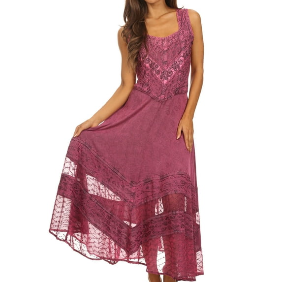 Sakkas Zendaya Stonewashed Rayon Embroidered Floral Vine Sleeveless V-Neck Dress - Pink - 3X/4X