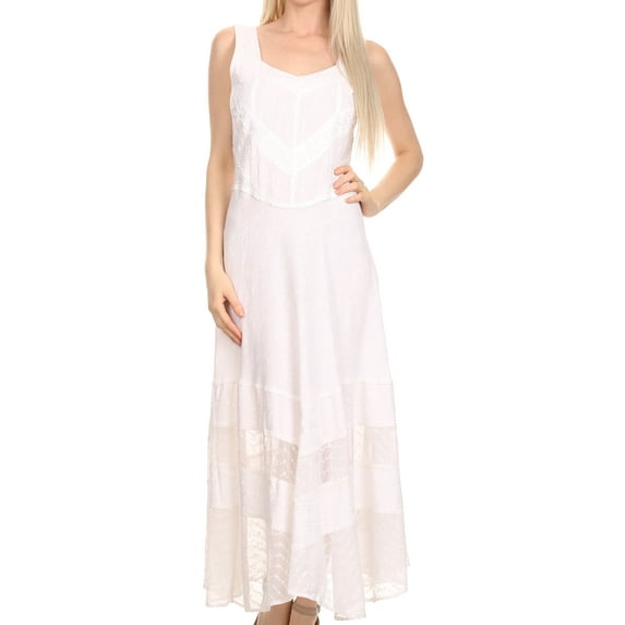 Sakkas Zendaya Stonewashed Rayon Embroidered Floral Vine Sleeveless V-Neck Dress - White - 1X/2X