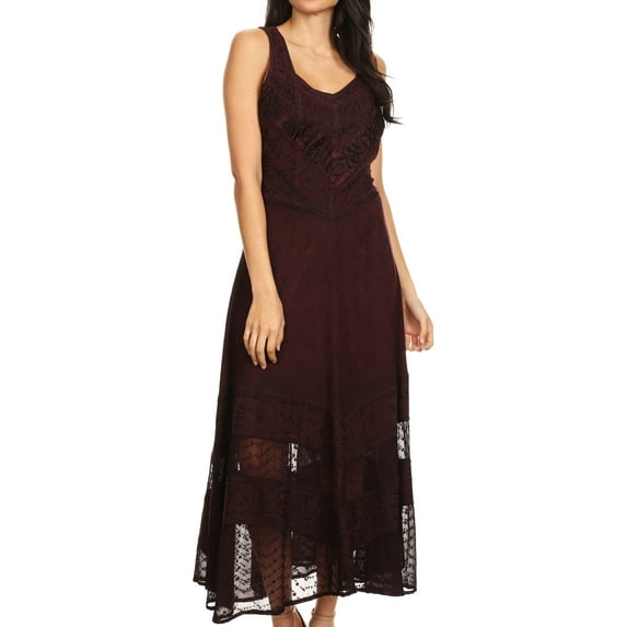 Sakkas Zendaya Stonewashed Rayon Embroidered Floral Vine Sleeveless V-neck Dress - Chocolate - L/XL