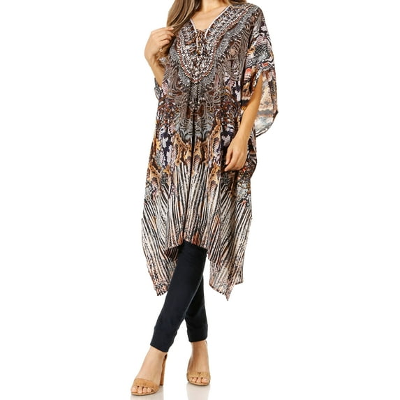 Sakkas Zeni Women's Short sleeve V-neck Summer Floral Print Caftan Dress Cover-up - 429 - One Size