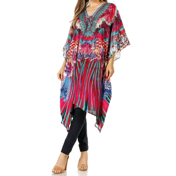 Sakkas Zeni Women's Short sleeve V-neck Summer Floral Print Caftan Dress Cover-up - 444 - One Size