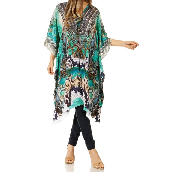 Sakkas Zeni Women's Short sleeve V-neck Summer Floral Print Caftan Dress Cover-up - 481 - One Size