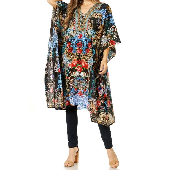 Sakkas Zeni Women's Short sleeve V-neck Summer Floral Print Caftan Dress Cover-up - 545 - One Size