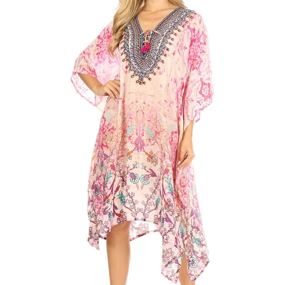 Sakkas Zeni Women's Short sleeve V-neck Summer Floral Print Caftan Dress Cover-up - FLM398-Multi - One Size