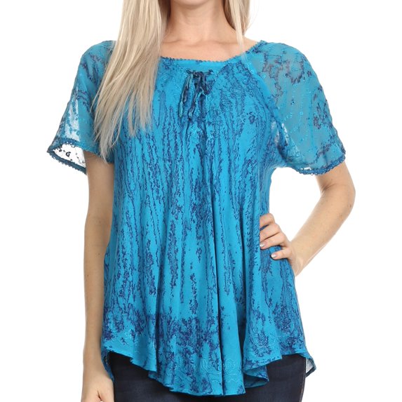 Sakkas Zoya Marbled Embroidery Cap Sleeves Blouse / Top - Dark Blue - One Size