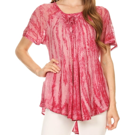 Sakkas Zoya Marbled Embroidery Cap Sleeves Blouse / Top - Fuchsia - Plus Size