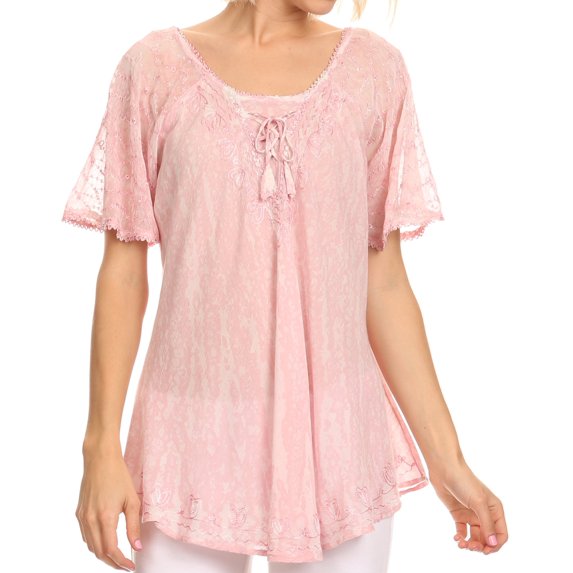 Sakkas Zoya Marbled Embroidery Cap Sleeves Blouse / Top - Pink - Plus Size
