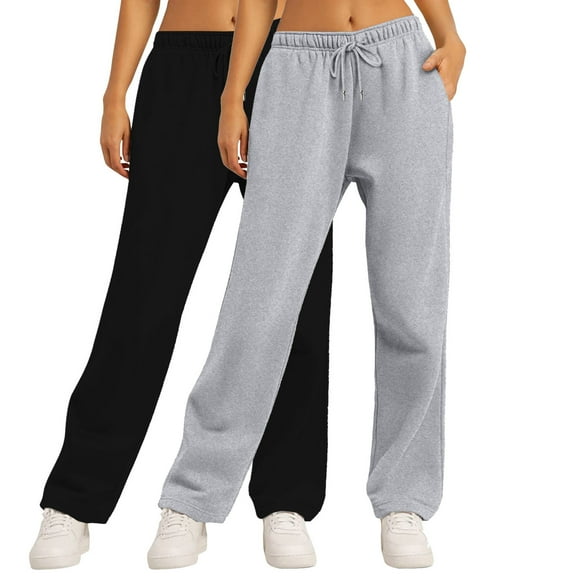 Sakmal 2PC Women's Pants Straight Leg Athleisure Pleated Sweatpants Solid High Waisted Gray Full Length Pants with Pockets