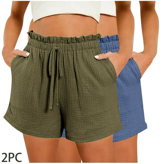 Sakmal 2PC Women's Shorts Cotton Green Solid High Waisted 5 Inch Inseam Shorts with Pockets
