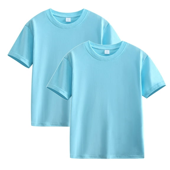 Sakmal 2pc Kids Clothes Blue Crew Neck 3-14y Solid Short Sleeve Cotton Tee For Kids