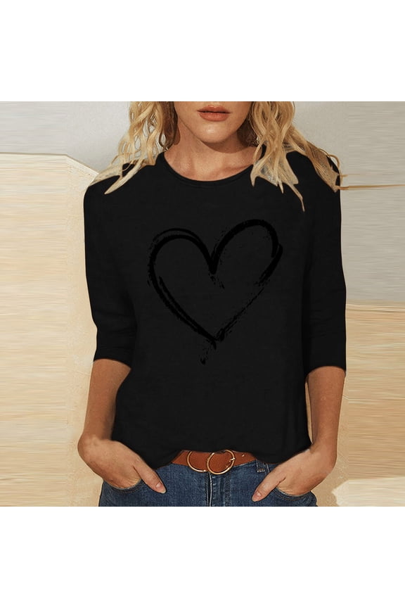 3/4 Sleeve Blouses Crew Neck Heart Shirts Black Blouses Summer Tops for Women