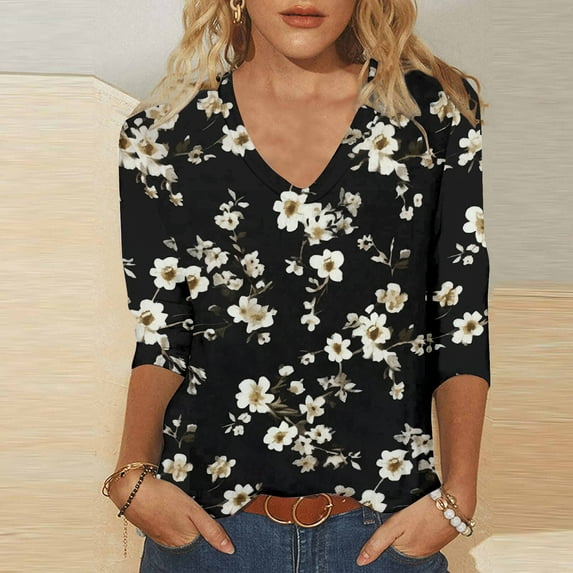 Sakmal Black Womens Plus Size Tops 3/4 Sleeve V-Neck Floral T-Shirts Ladies Tops and Blouses