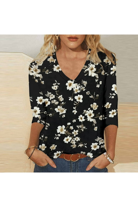 Black Womens Plus Size Tops 3/4 Sleeve V-Neck Floral T-Shirts Ladies Tops and Blouses