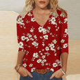 thumbnail image 1 of Sakmal Summer Tops for Women 3/4 Sleeve Red Floral V-Neck T-Shirts Ladies Shirts and Tops, 1 of 5