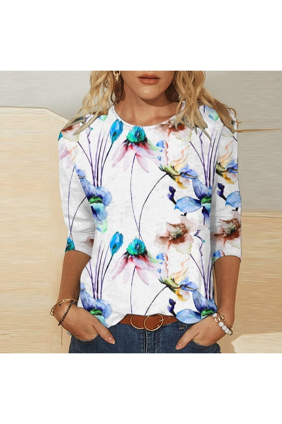 3/4 Sleeve Ladies Tops Plus Size Blue Floral Crew Neck T-Shirts Womens Shirts Plus Size