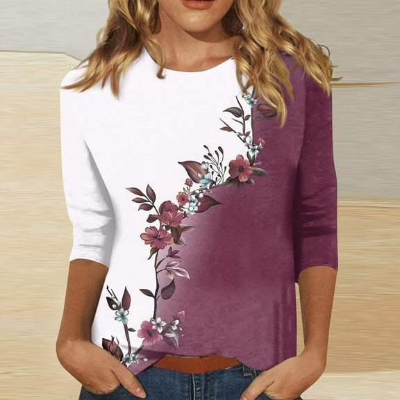 Sakmal 3/4 Sleeve Ladies Tops and Blouses Red Floral Crew Neck Pullover T Shirts for Women