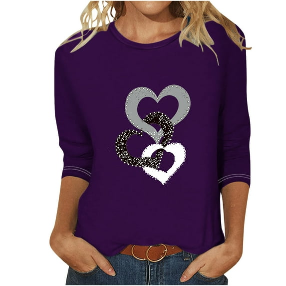 Sakmal 3/4 Sleeve Spring Tops for Women 2024 Purple Crew Neck Love Heart Pullover Shirts for Women