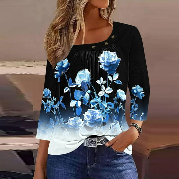Sakmal 3/4 Sleeve Summer Tops for Women White Scoop Neck Pleated Loose Fit Floral Ladies Shirts $5
