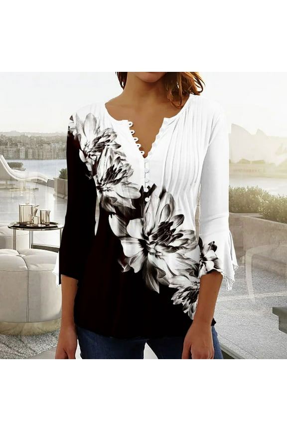 3/4 Sleeve Womens Tops Plus Size V-Neck Pleated Button Graphic Tunic Womens Shirts