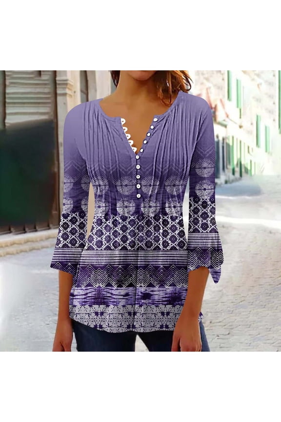 3/4 Sleeve Womens Tops Under $10 Purple Floral V-Neck Button Tunic Ladies Shirts $5