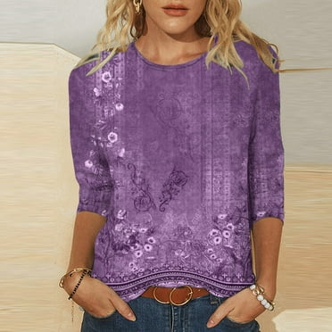 Sakmal 3/4 Sleeve Womens Tops Clearance Purple Floral Crew Neck T-Shirts Plus Size Ladies Shirts