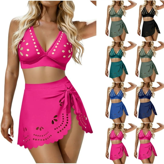 Sakmal 3 Piece Womens Bikini Sets Double Support Swimwear Holiday Solid Black Womens Bathing Suits L