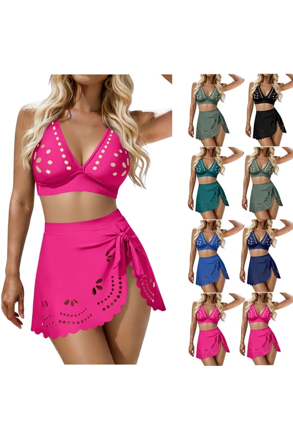 3 Piece Womens Bikini Sets Double Support Plus Size Swimwear Holiday Solid Black Womens Bathing Suits L