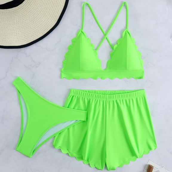 Sakmal 3 Piece Womens Bikini Sets Plus Size Back Smoothing Swimwear Green Hawaiian Solid Bathing Suits for Women XL