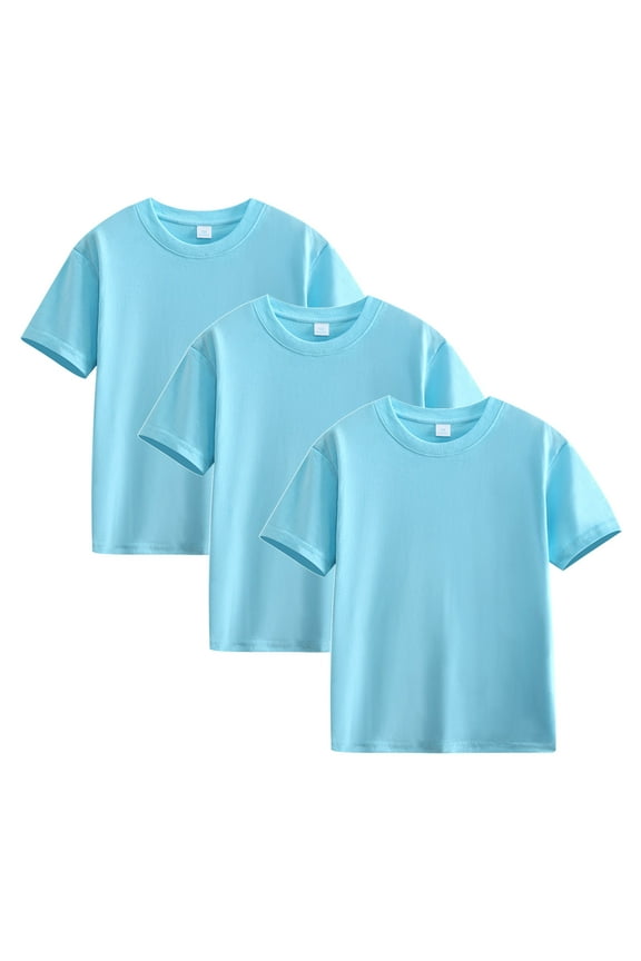 3pc Summer Clothes For Kids Blue Short Sleeve Crew Neck Solid 3-14y Cotton Big Kids Tops Boy And Girl