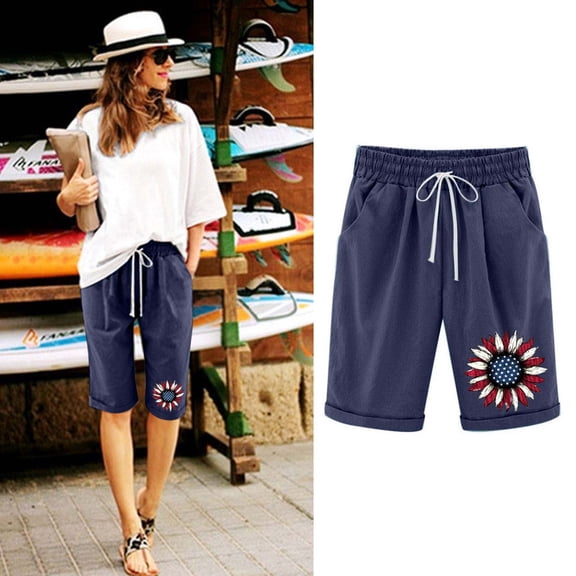 Sakmal 4Th of July Shorts Women Bermuda Chino Knee Length Blue Mid Rise 8" Shorts with Pockets