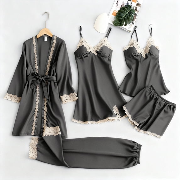 Sakmal 5PC Women Robes Satin Plus Size Lightweight Long Length Bathrobe for Women Gray Soft Robe for Women 3XL
