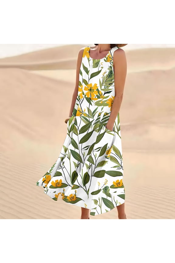 A Line Dresses Women Long Scoop Neck Sleeveless Hawaiian Green Dresses ,Sizes S-2XL
