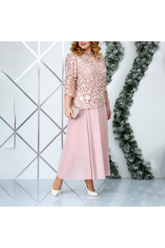 A Line Womens Spring Dresses Long Pink Plus Size Formal Dress Long Sleeve Lace Dresses