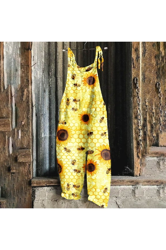 Animal Print Jumpsuits for Women Wide Leg Adjustable Strap Cute Bee Overalls Sleeveless Yellow Long Scoop Neck Pants for Women