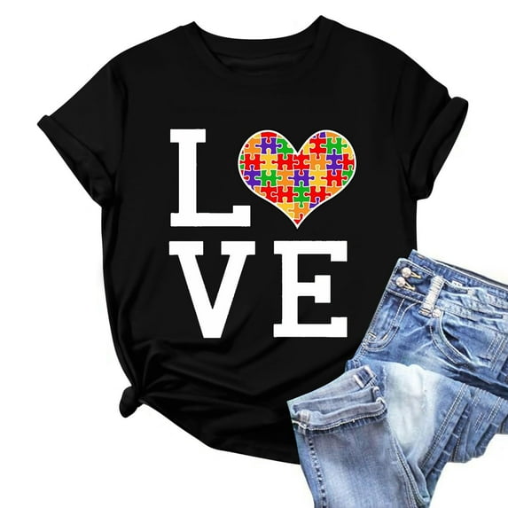 Sakmal Asd Women's T Shirts Short Sleeve Love Autism Awareness Crew Neck Casual Relaxed Fit Black Womens Tops