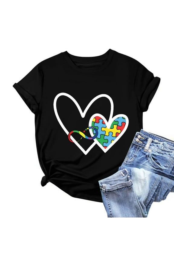 Asd Workout Shirts Women Short Sleeve Crew Neck Autism Awareness Heart Black Casual Relaxed Fit Spring Tops for Women 2025