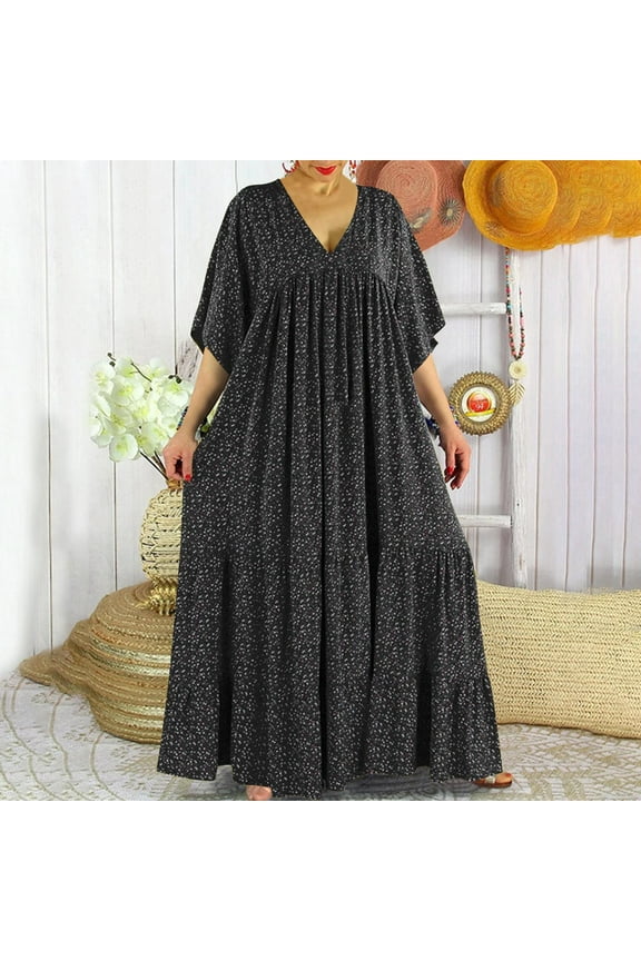 Asymmetrical Summer Dresses for Women 2024 Floral Pleated Black Oversized Short Sleeve Maxi Shift Dress