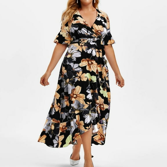 Sakmal Asymmetrical Sundresses for Women 2024 Floral Boho Short Sleeve Oversized Black Maxi Faux-Wrap Dress