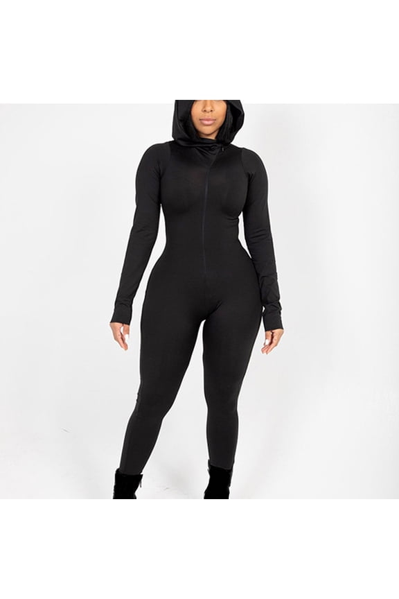 Athletic One Piece Jumpsuits for Women Slim Leg Solid Stretchy Gym Overalls Long Sleeveless Black Hooded Pants for Women