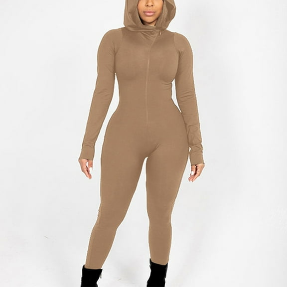 Sakmal Athletic Womens Jumpsuit Gym Solid Stretchy Slim Leg Overalls Long Sleeveless Hooded Yellow Pants with Pockets