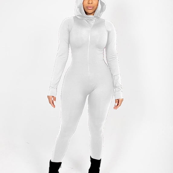 Sakmal Athletic Womens Jumpsuit Gym Stretchy Solid Slim Leg Overalls Hooded Long White Sleeveless Pants with Pockets