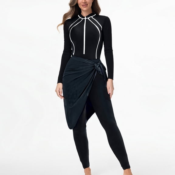 Sakmal Athletic Womens One Piece Swimsuits Long Sleeve Modest Rash Guards Training Bathing Suit Summer Black Crew Neck Ladies Swimsuit L