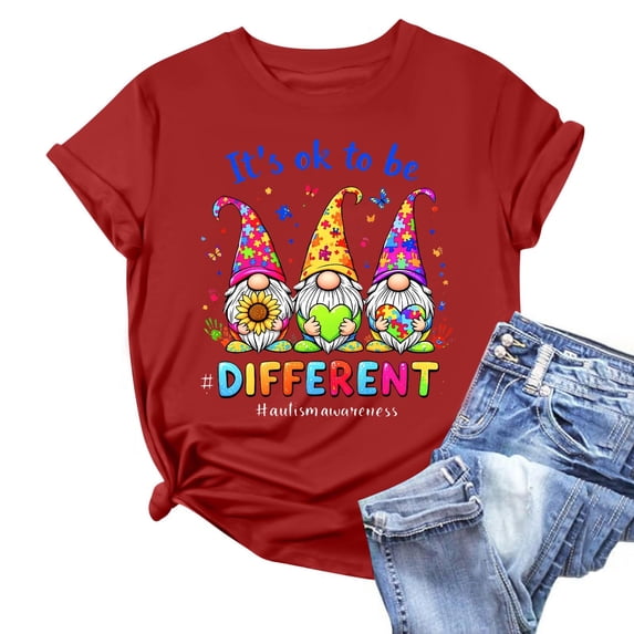Sakmal Autism Awareness Shirts for Women Crew Neck Short Sleeve Asd It's Ok To Be Different Relaxed Fit Casual Womens Summer Tops